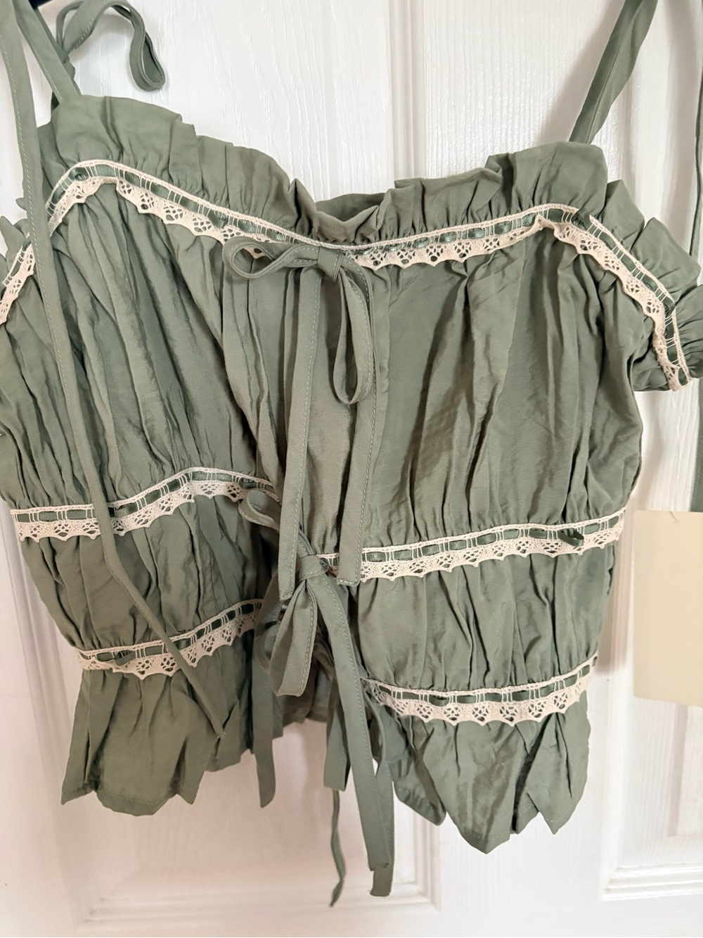 Women's Sage Green Tie-Front Cropped Top with Lace Trim - Picture 3 of 5